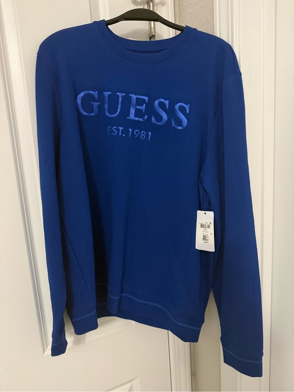GUESS Men's Electric Blue Embossed Logo Crewneck